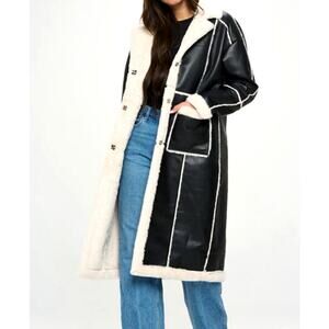B Coature Faux Leather Faux Fur Sherpa Longline Jacket Coat Black Cream Size XL